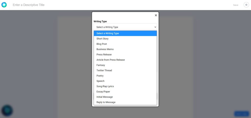 hyperwrite menu - select a writing type
